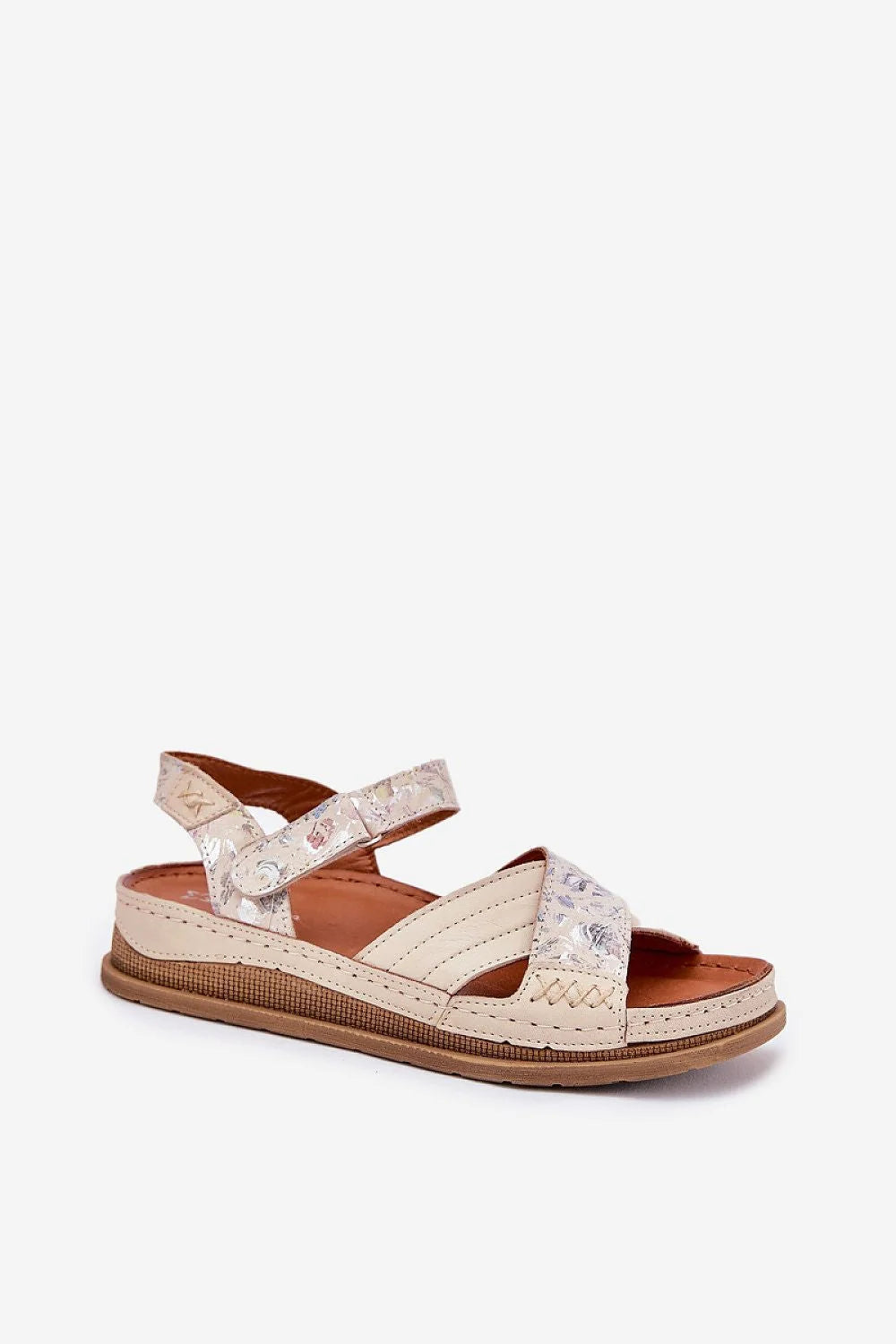 Sandales pour femmes style estival en cuir naturel compensées plateforme 3.5 cm fermeture Velcro sangles croisées beige floral