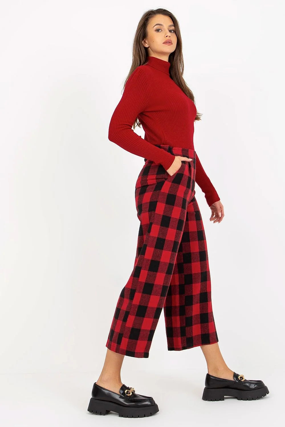 Pantalon femme Lakerta en laine 100% carreaux noir et blanc haute taille large coupe style classique occasion décontractée et professionnelle