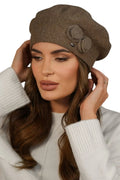 béret femme Kamea Bara laine polyamide chaud doux extensible élégant intemporel chic marron taupe perlé appliqué roses maille