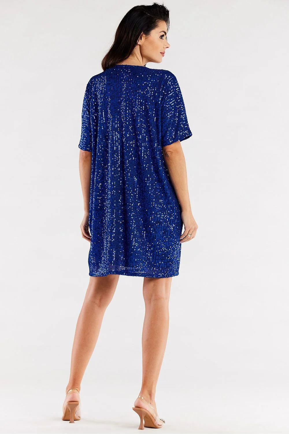 Robe de soirée élégante pour femme en sequins rouges, coupe ample, col en V, manches courtes, longueur au-dessus des genoux