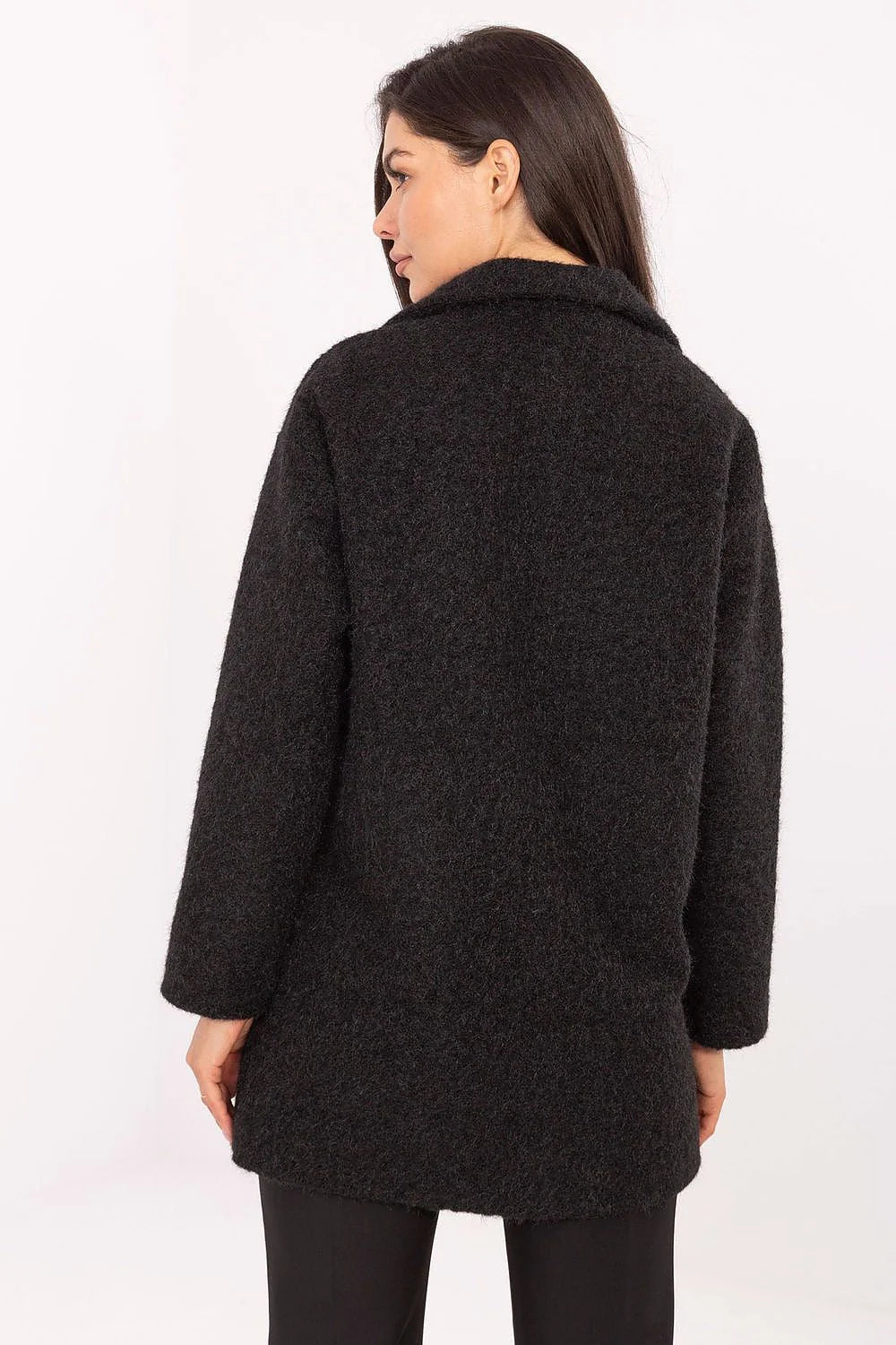 manteau femme mi cuisses bouclé noir col tailleur coupe droite oversize manches longues poches latérales boutons dorés texturé chic urbain