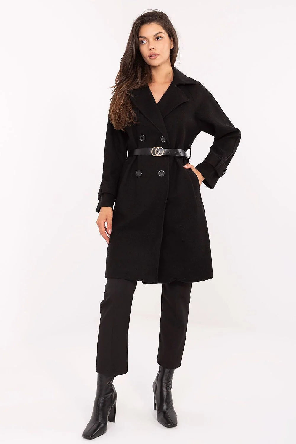 manteau mi long femme polyester noir double boutonnage col tailleur coupe légèrement cintrée ceinture fine cuir boucle double anneau doré