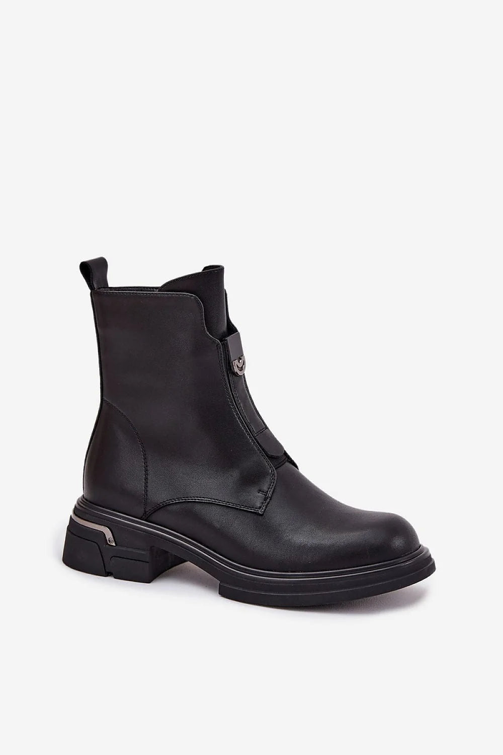 bottines femme cuir noir lisse mi mollet talon bloc bas semelle crantée fermeture éclair latérale doublure chaude détail métallique argenté