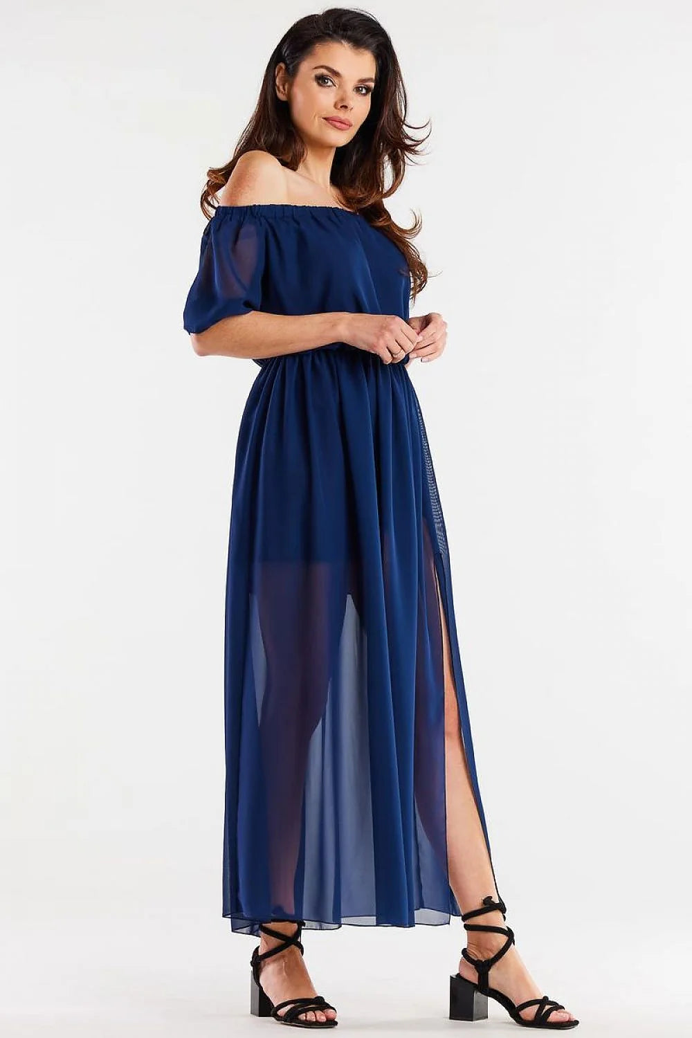 Robe de jour awama longue en mousseline soie doublure élastiquée fentes côté manches 3/4 élastiques polyester 100% taille ajustable femme