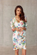 Robe de jour Roco Fashion moderne élégante genou longueur V-col manches longues fronces épaules motif floral vibrant femme