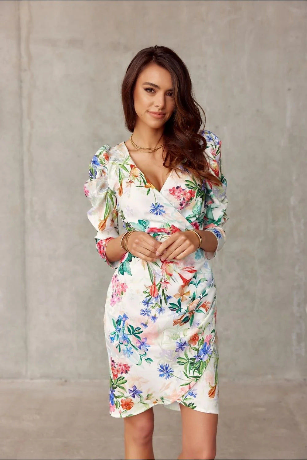 Robe de jour Roco Fashion moderne élégante genou longueur V-col manches longues fronces épaules motif floral vibrant femme