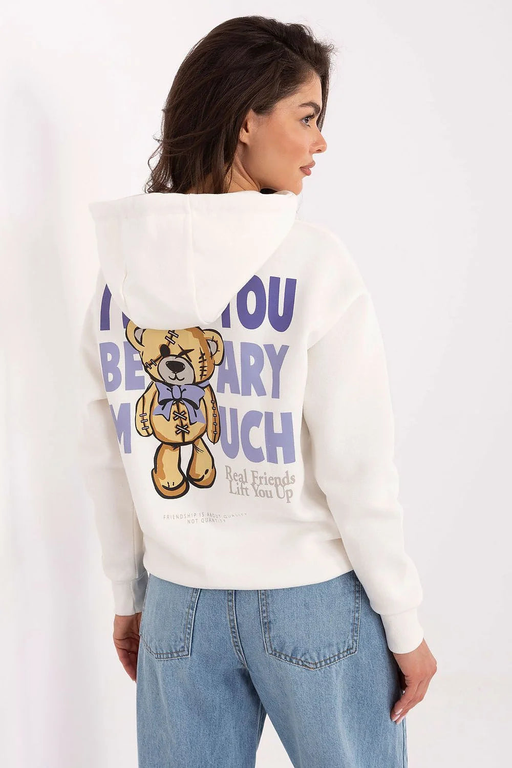 sweatshirt capuche écru molleton doux coupe loose femme réglable cordons blancs embouts violets imprimé slogan lilas pochettes côtelées poignets ourlet