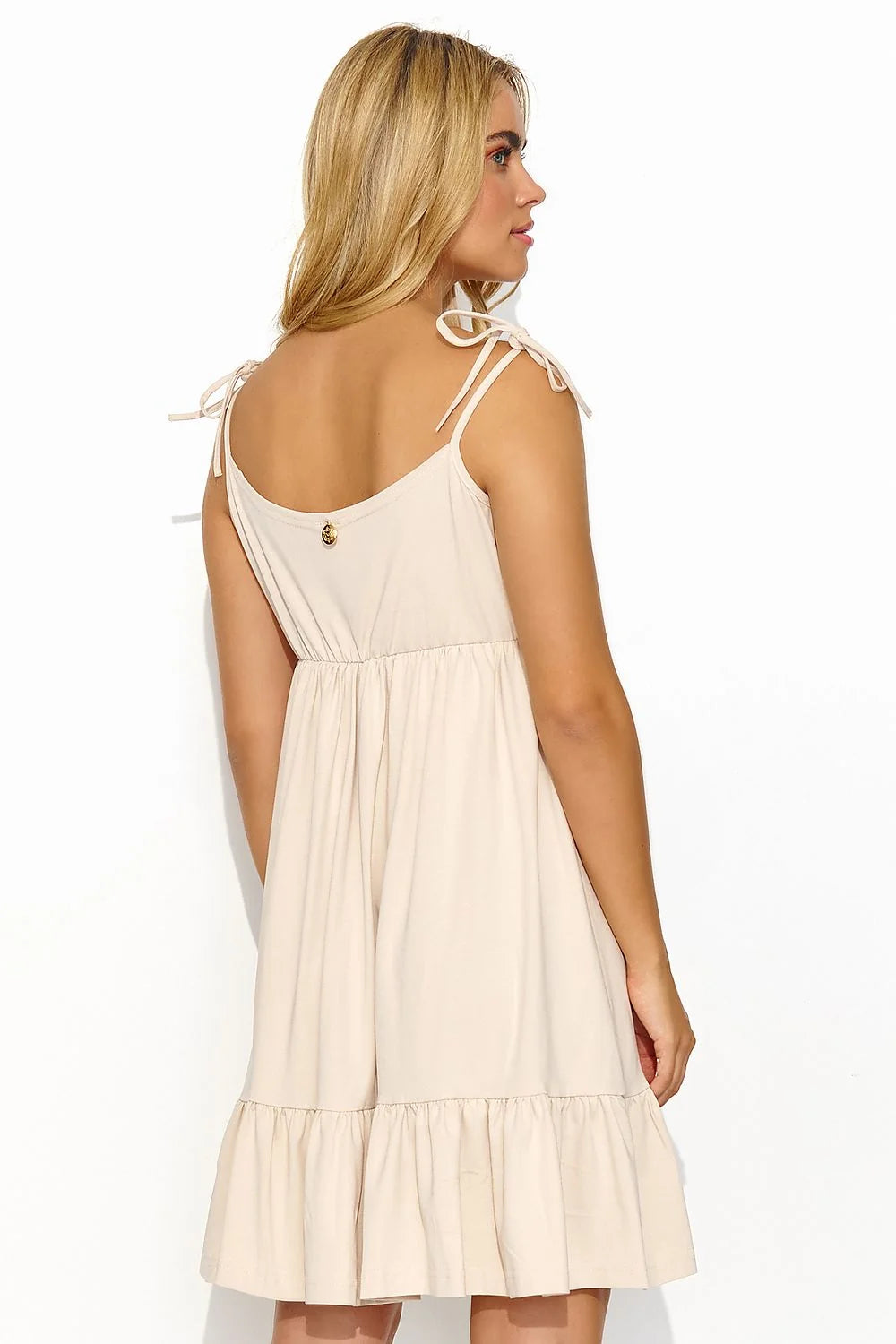 robe été courte beige maille légère femme babydoll jersey doux bretelles fines décolleté V croisé taille empire froncée