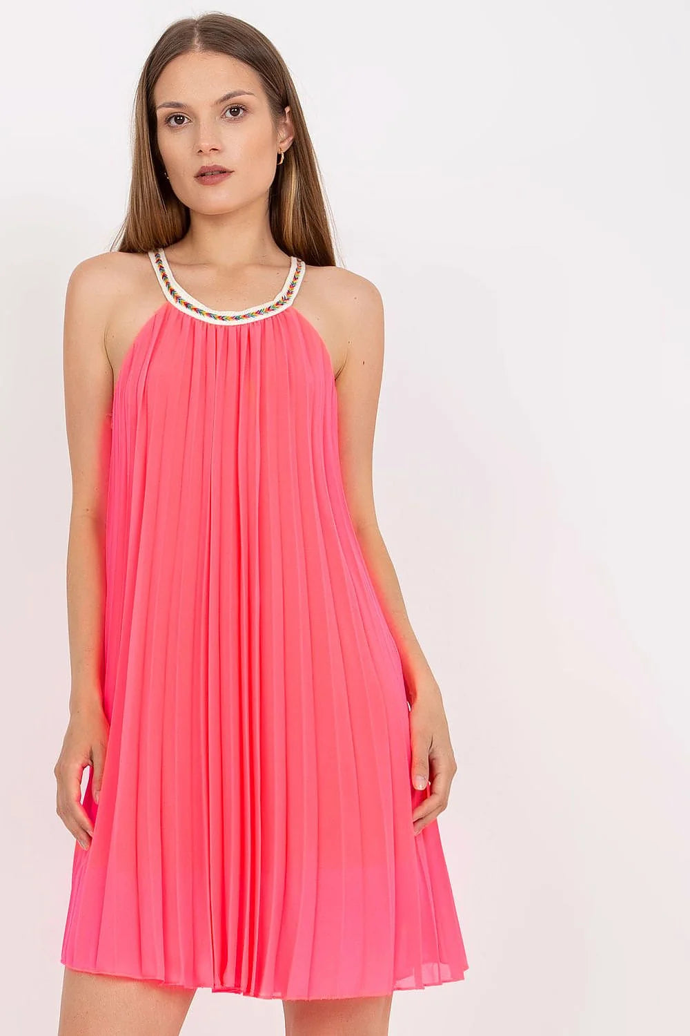 Robe d'été sans manches style bohème chic en polyester et viscose plissée brodée rose vif femme