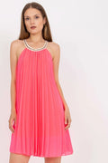 Robe d'été sans manches style bohème chic en polyester et viscose plissée brodée rose vif femme
