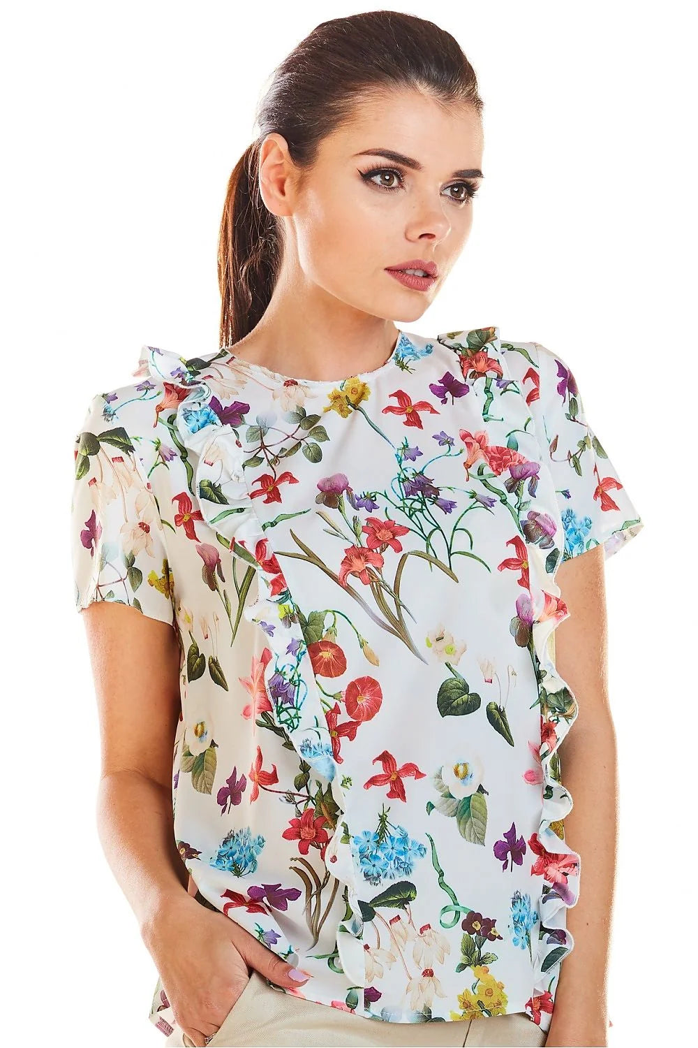 Blouse en polyester romantique avec motifs floraux multicolores, volants élégants pour toutes occasions féminines