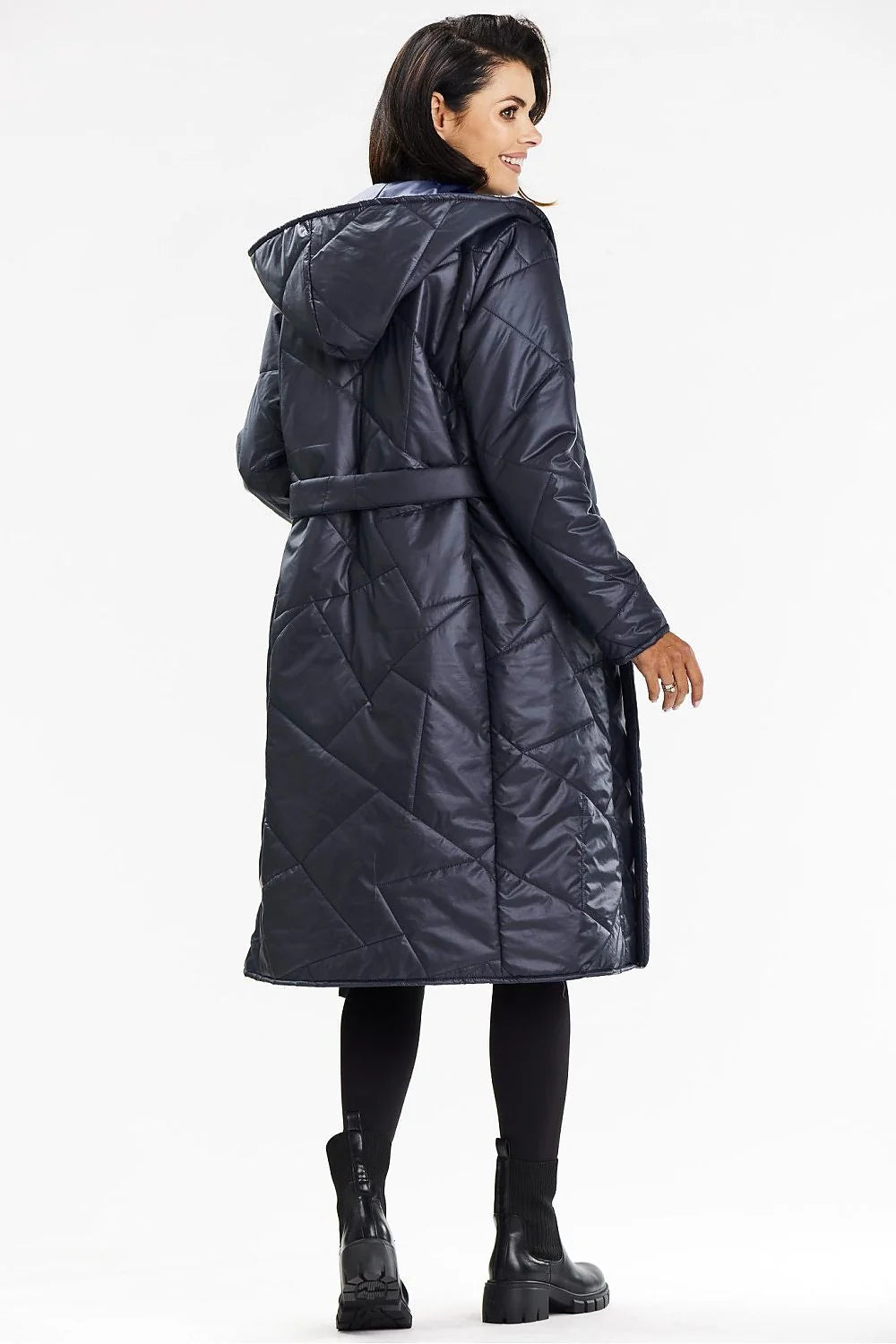 Manteau long à capuche Awama pour femmes, bleu marine, polyester 100%, doublure étoilée, fermeture boutons-pression, occasion quotidienne et hivernale