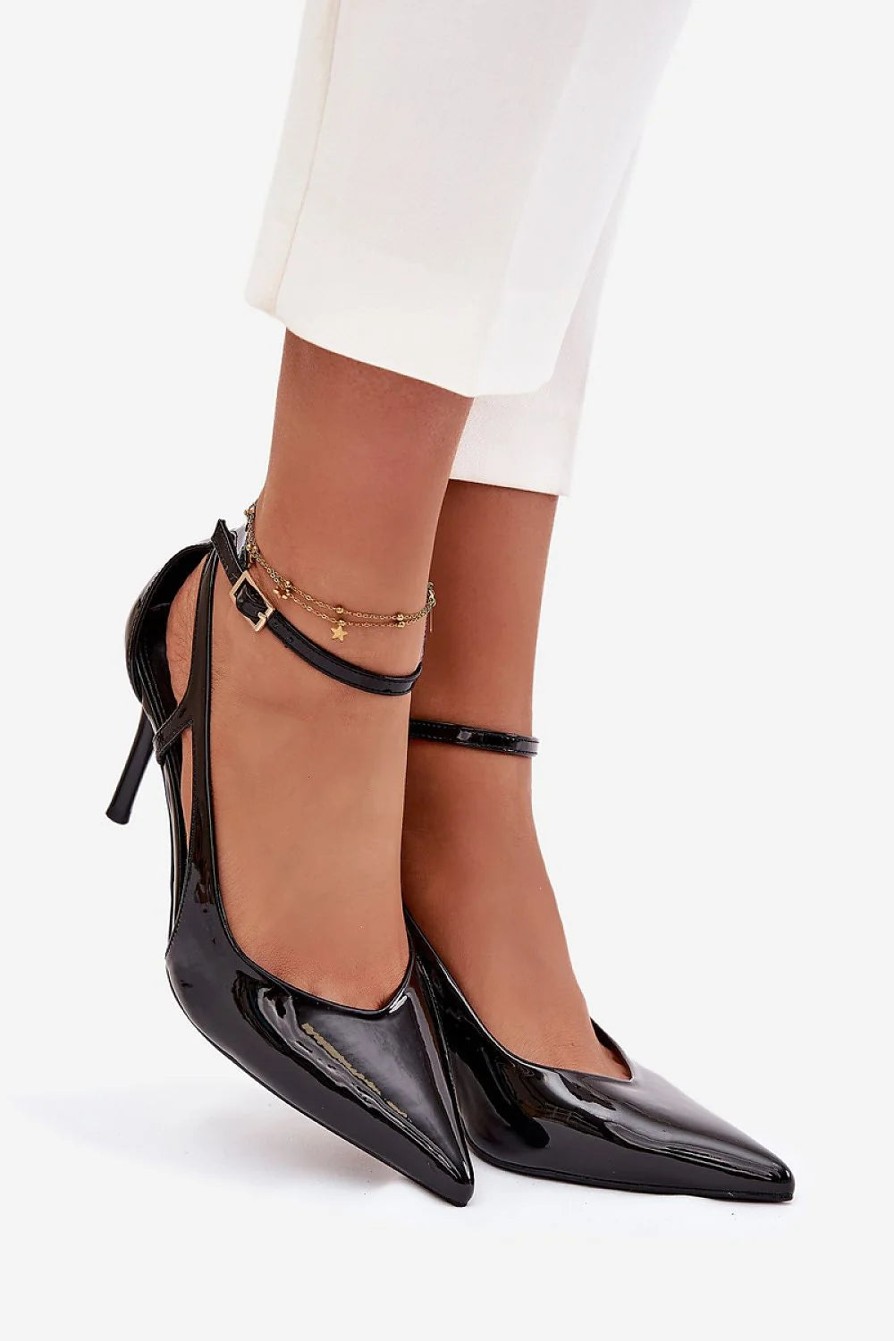 escarpins femme simili cuir verni noirs talon aiguille haut bout pointu slingback bride cheville réglable boucle métal élégant intemporel soirée