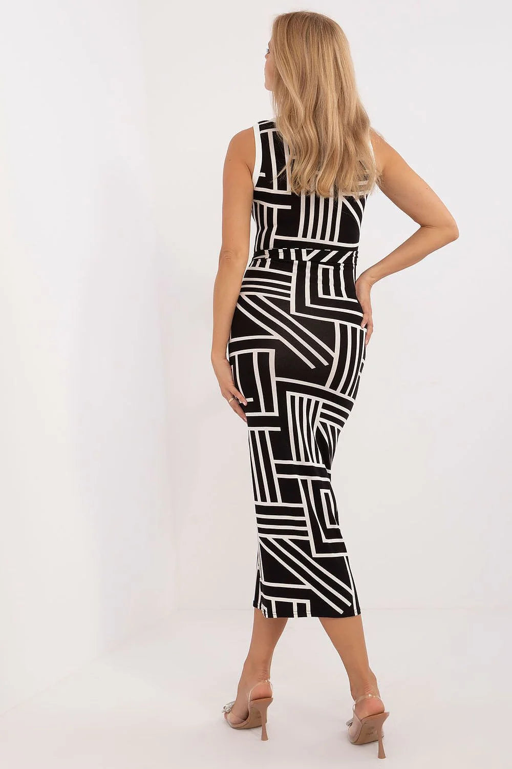 Robe sans manches midi Lakerta motif géométrique encolure en V ceinture ajustable viscose élasthanne femme élégance moderne
