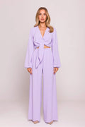ensemble élégant moderne lavande deux pièces haut croisé noué décolleté V manches bouffantes longues pantalon palazzo taille haute élastiquée larges
