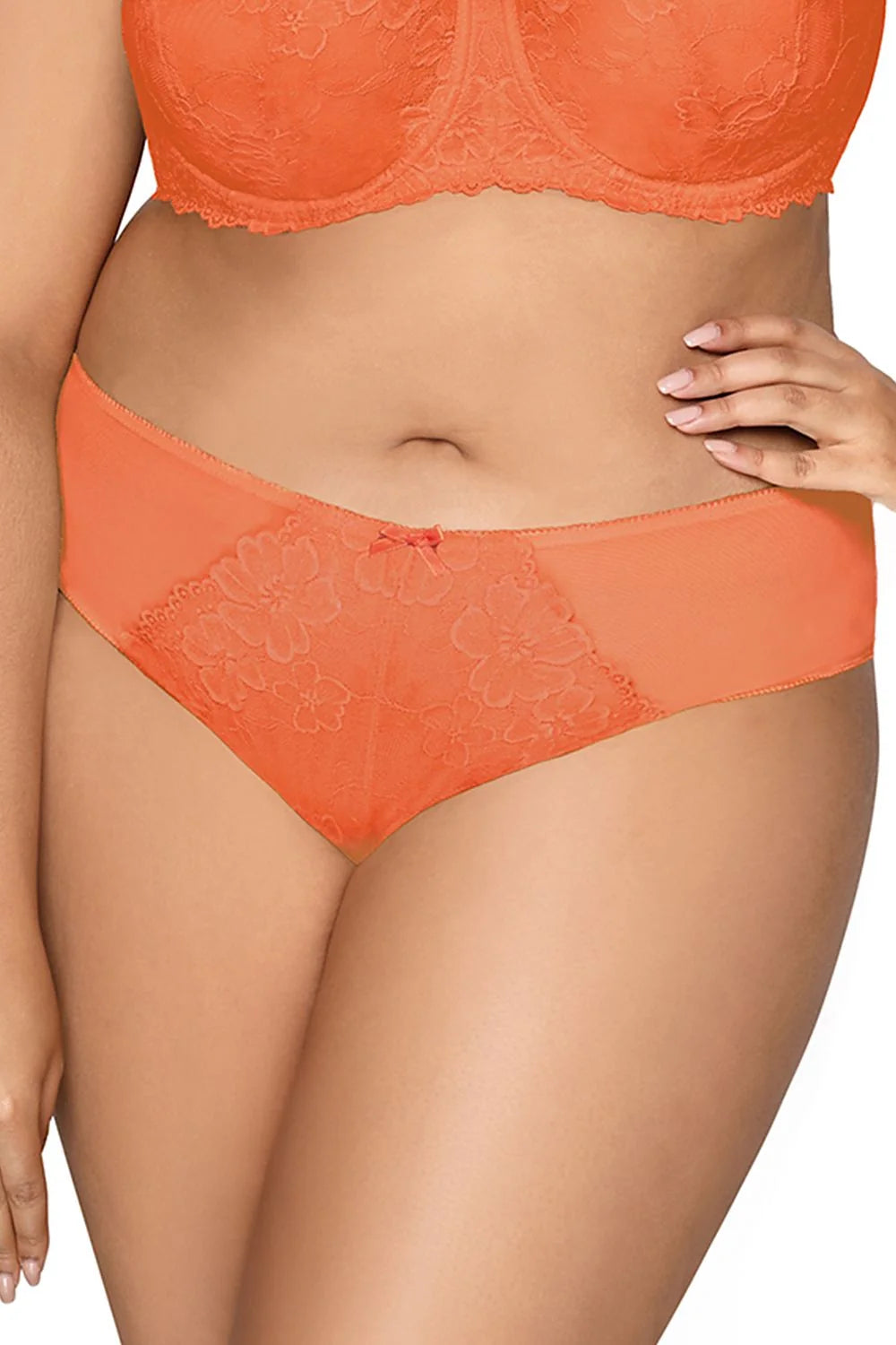 Ensemble de lingerie féminine sexy dentelle florale orange soutien-gorge culotte motifs floraux nœud décoratif taille ajustable femme