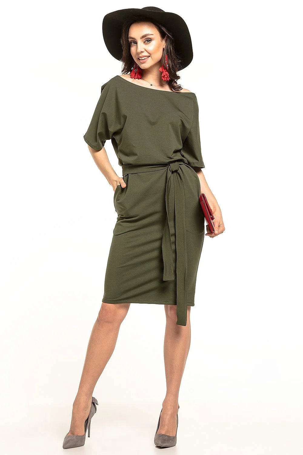 Robe Tessita midi ceinturée jaune vif coupe droite fourreau buste ample manches kimono jersey stretch fluide poches invisibles encolure bateau