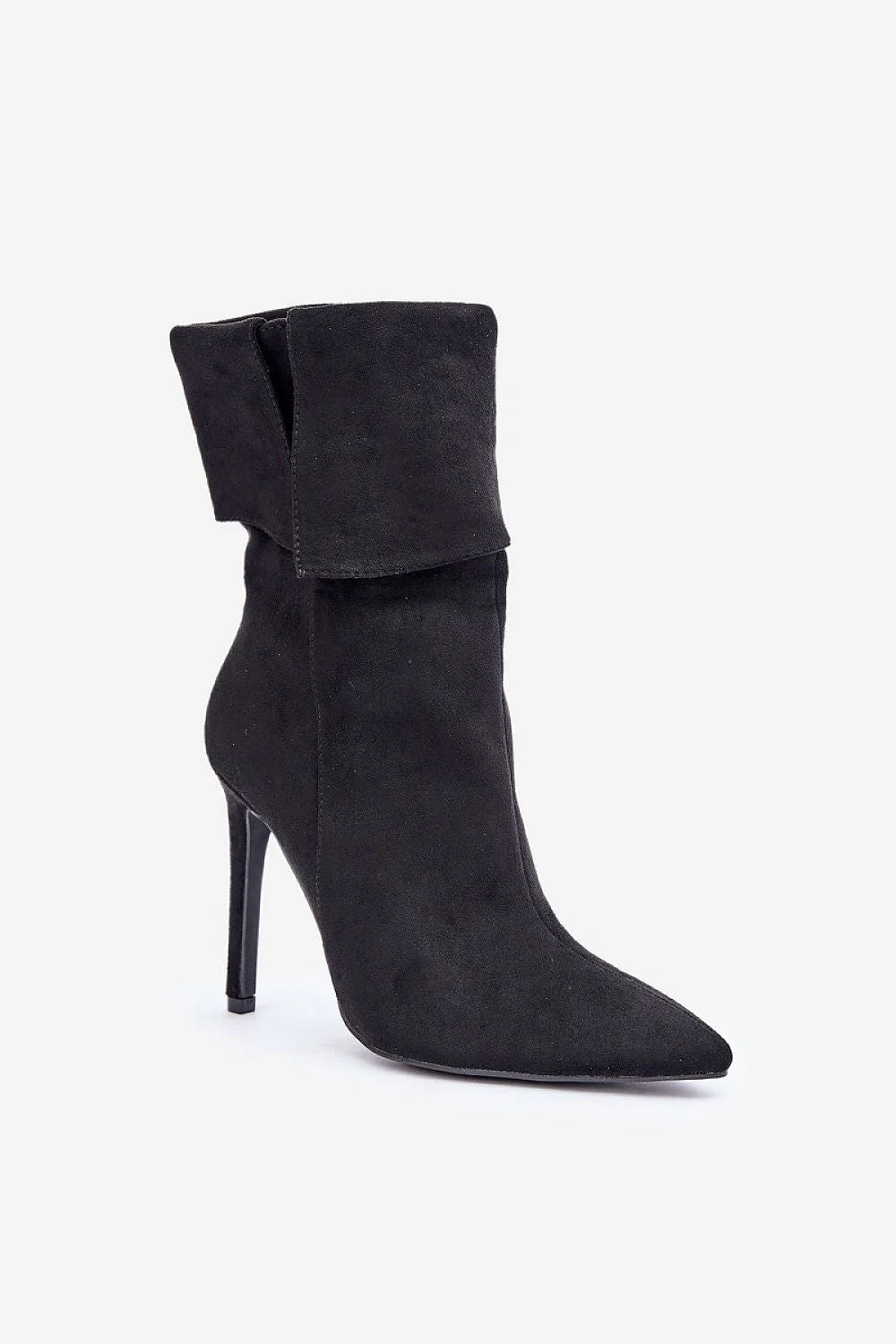 Bottines femme noir daim talon aiguille élancé silhouette allongeante mi mollet revers plissé bout pointu fermeture zippée tirette dorée