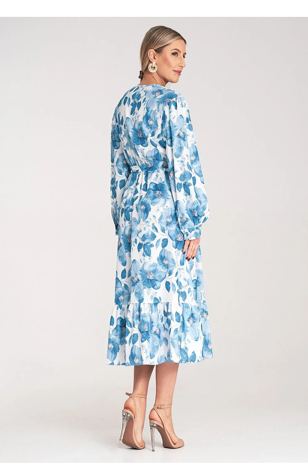 Robe de jour Figl, robe maxi en polyester, décolleté en V, manches longues, motif floral bleu, taille ajustable, femme, S/M