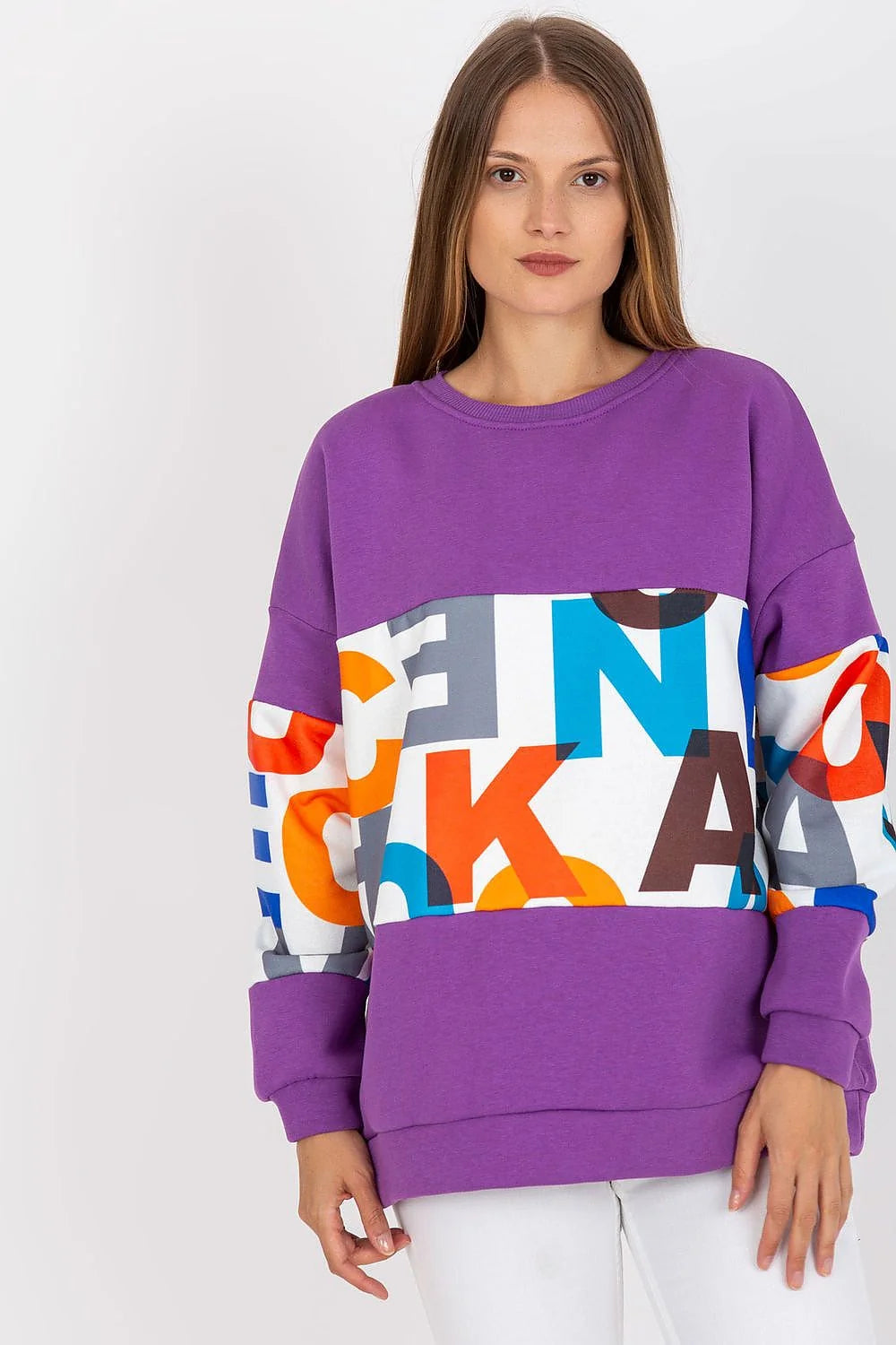 Sweatshirt pour femme modern design audacieux couleur violette motif multicolore matières confortables streetwear décontracté
