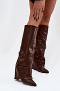 Bottes cuissardes cuir artificiel marron chocolat élégantes bout pointu talon stable hiver mode féminine