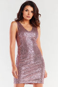 Robe de soirée élégante sans manches encolure en V sequins roses ajustée dos nu femme