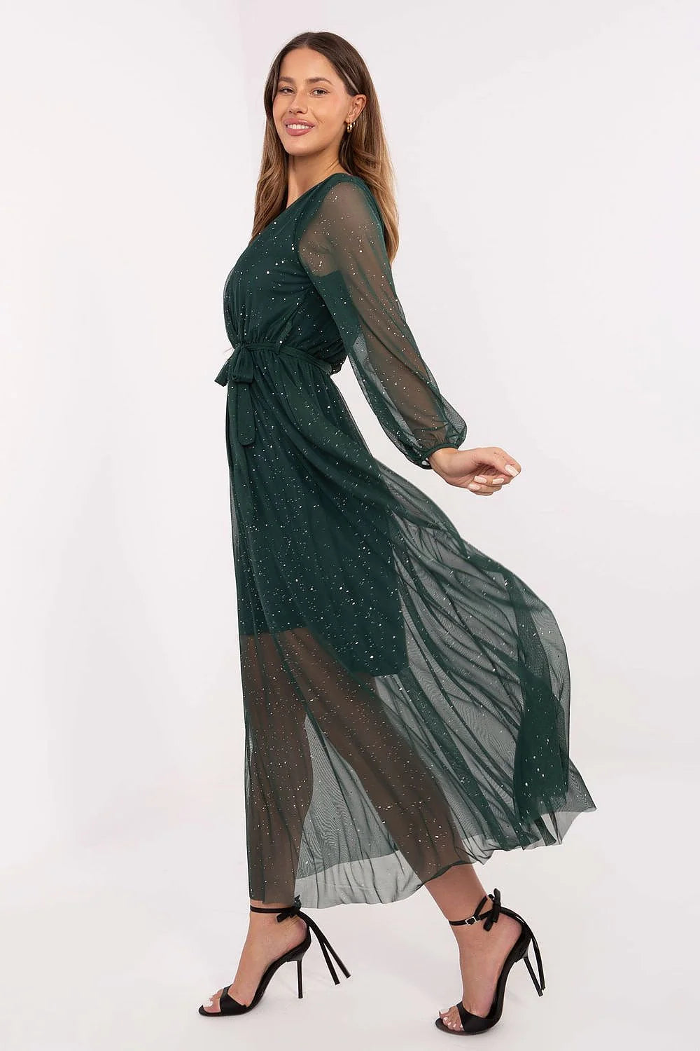 robe longue soirée vert émeraude tulle pailleté portefeuille col V manches longues transparentes jupe asymétrique doublée ceinture nouée taille cintrée