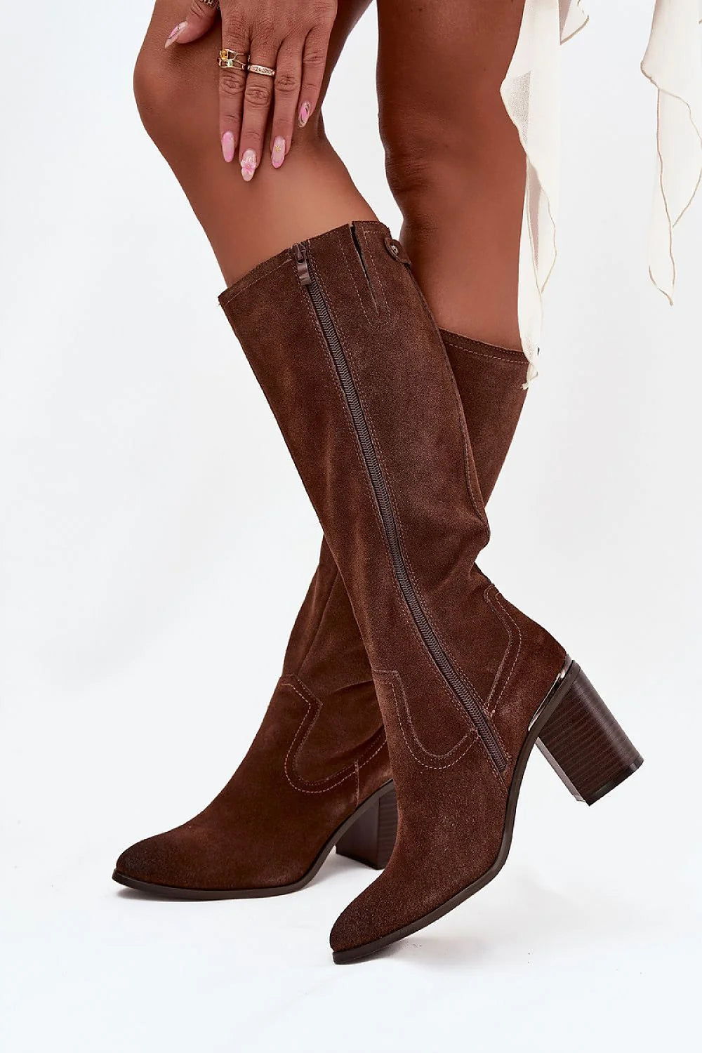 bottes femme SergioLeone daim naturel marron chocolat tige haute talon pilier moyen confort bout amande doublure fourrure fermeture eclair laterale