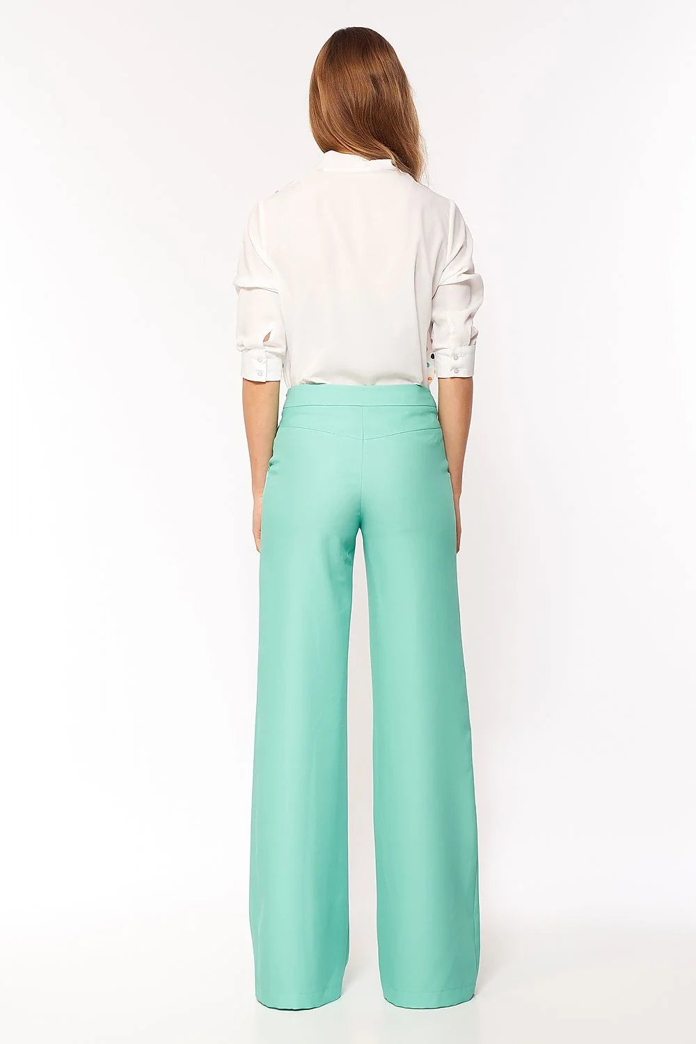 Pantalon palazzo polyester élégant bleu évasé moderne confort bureau décontracté femme taille haute