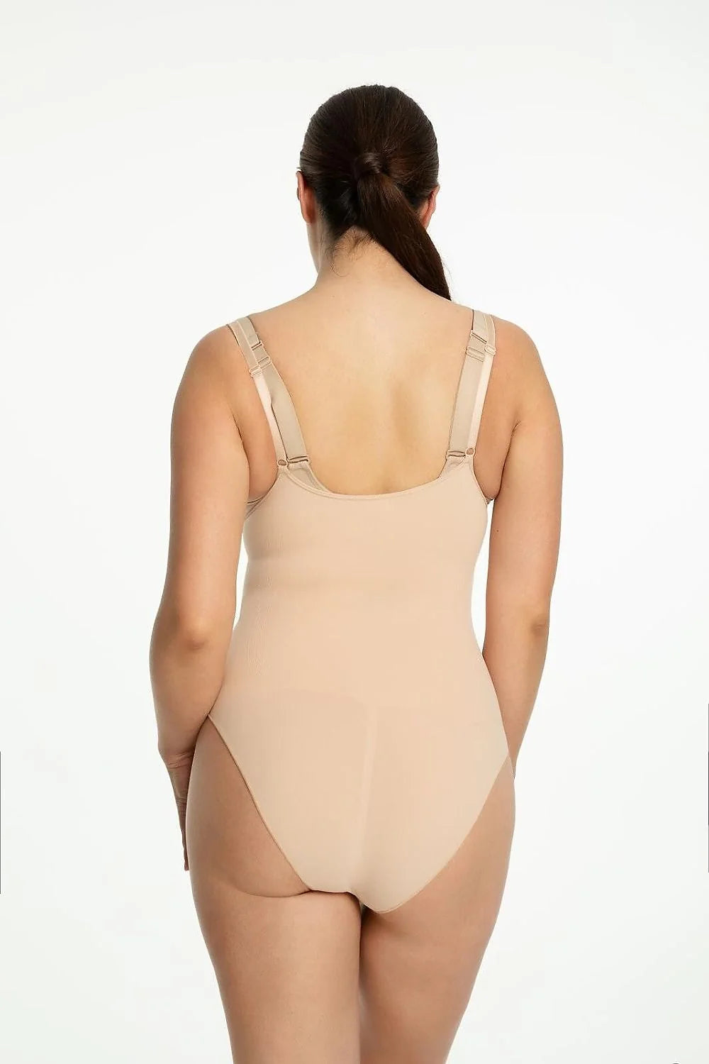 body gainant sculptant beige microfibre extensible lisse bonnets moulés armatures maintien buste ouvert bretelles réglables taille haute coupe échancrée
