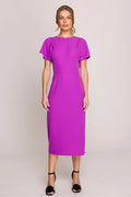 Robe midi Stylove élégante couleur violet vif manches courtes encolure ronde dos nu ceinture taille ajustable