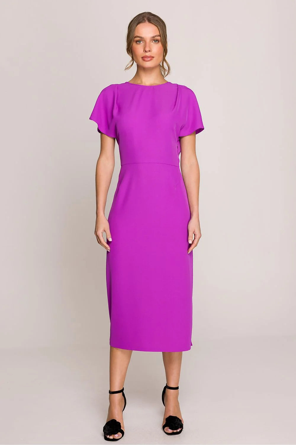 Robe midi Stylove élégante couleur violet vif manches courtes encolure ronde dos nu ceinture taille ajustable
