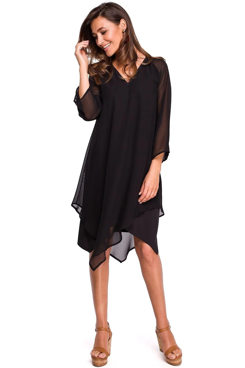 Robe de cocktail Stylove pour femme, bleu marine, coupe asymétrique, manches 3/4, tissu léger, style moderne, soirée élégante, occasion polyvalente, taille ajustable, vêtement mode, bohème chic, robe longue, accessoires complémentaires