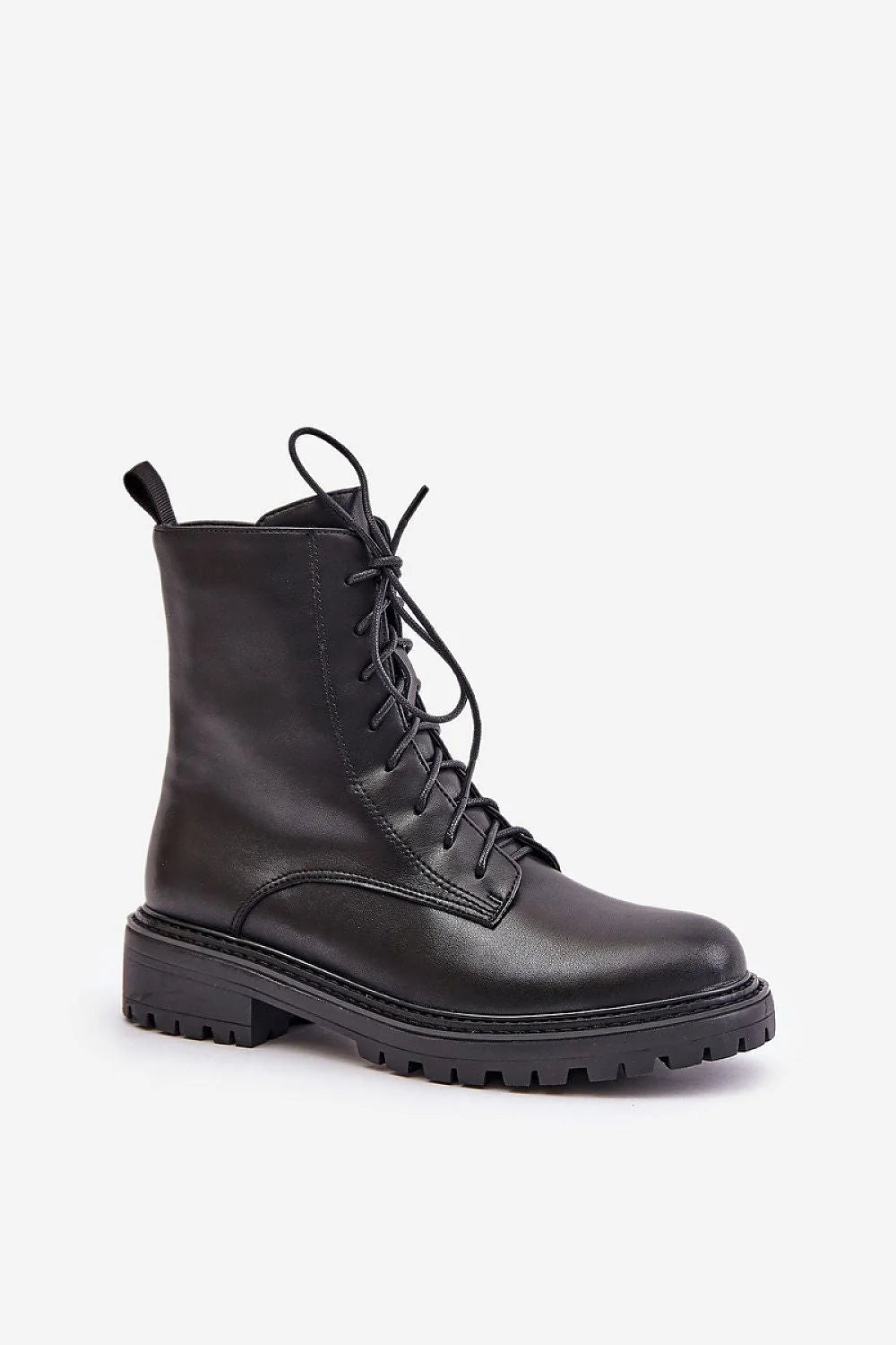 Bottines pour femmes classiques en cuir naturel style militaire lacets fermeture éclair mi-mollet noir élégant confortable