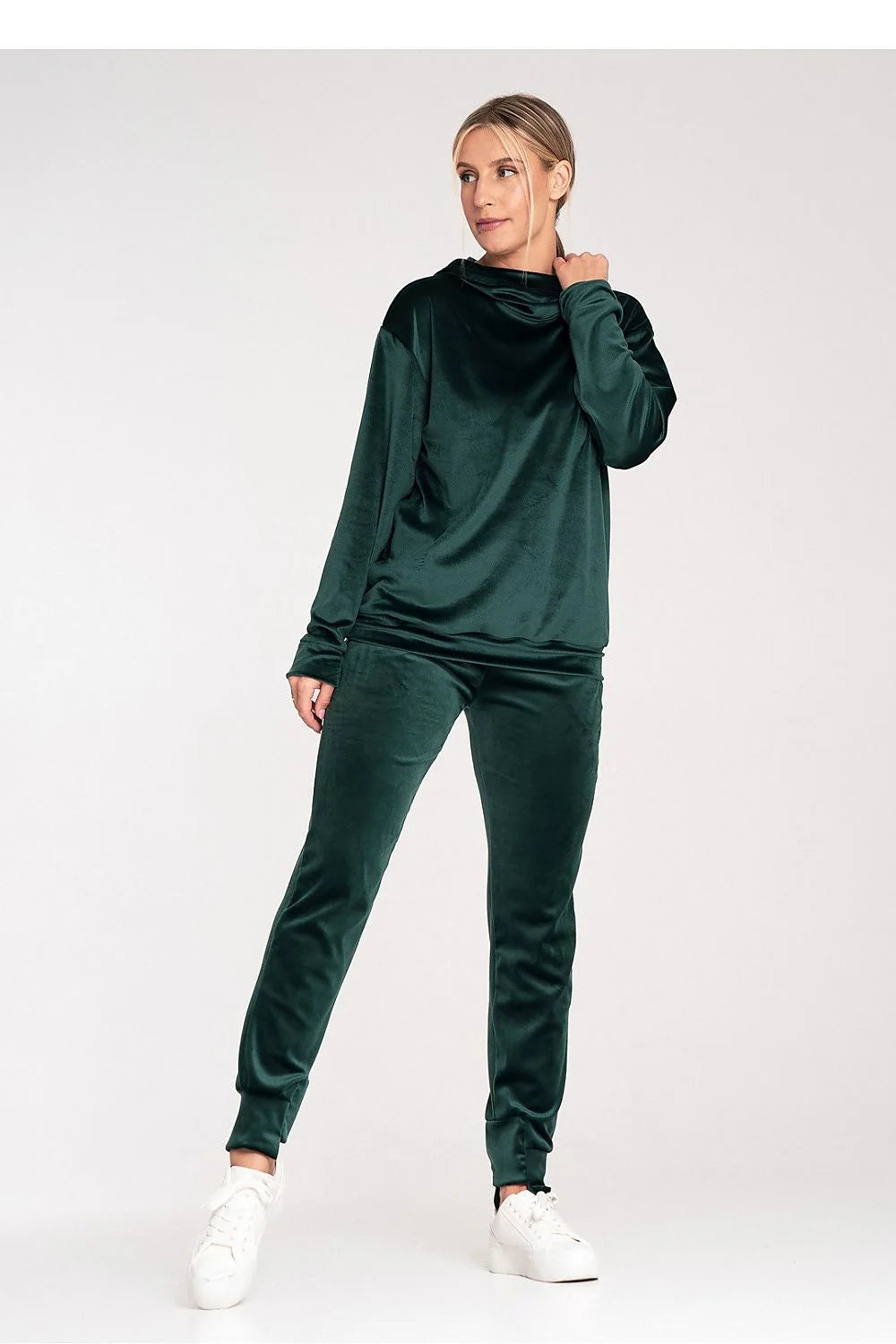 Sweatshirt femme velours vert ample élégant longues manches capuche côtelée