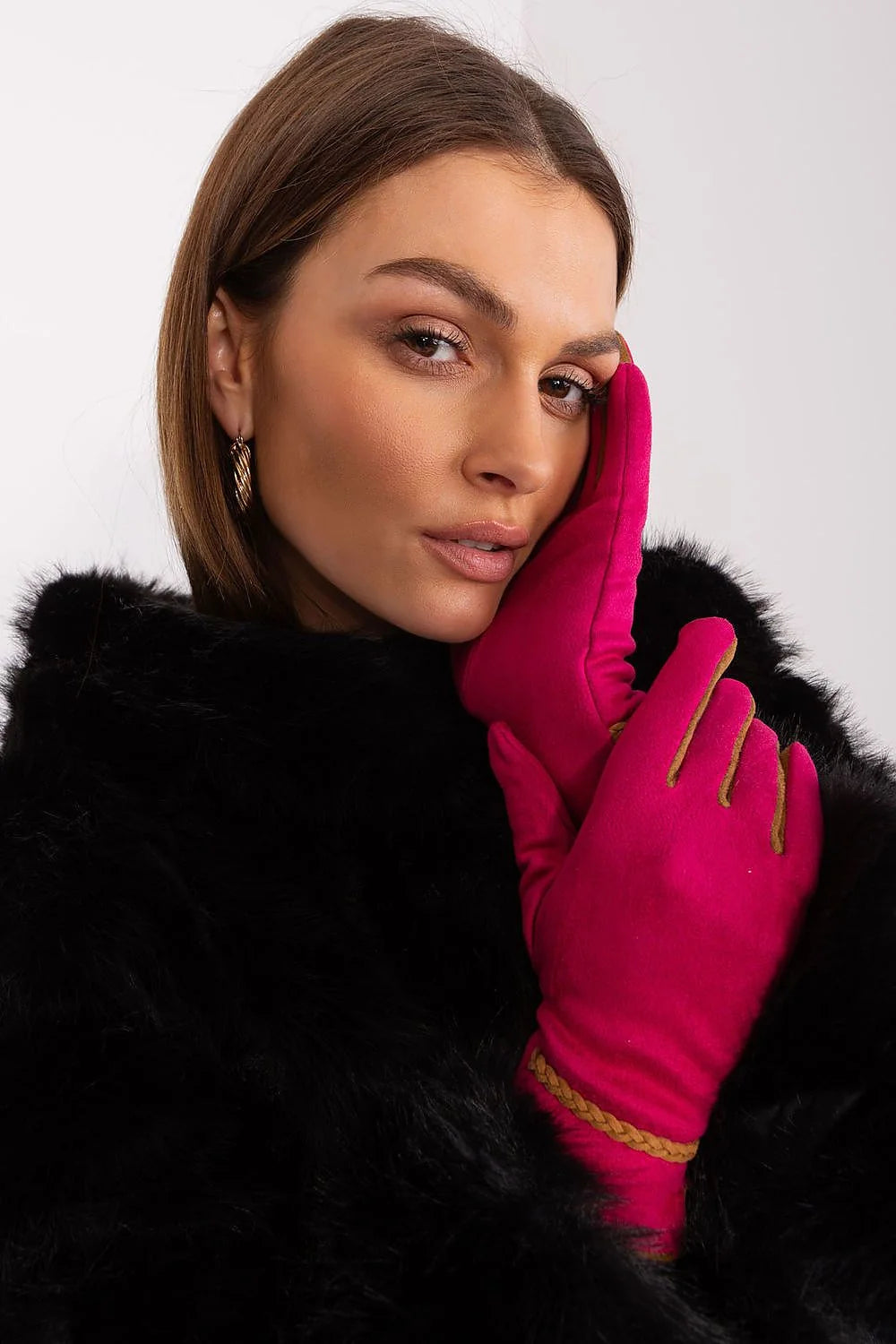 Gants élégants pour femme en fuchsia avec accents marron, design décoratif à bride tressée, fleurs brodées, téléphone sans enlever, polyester 90% spandex 10%