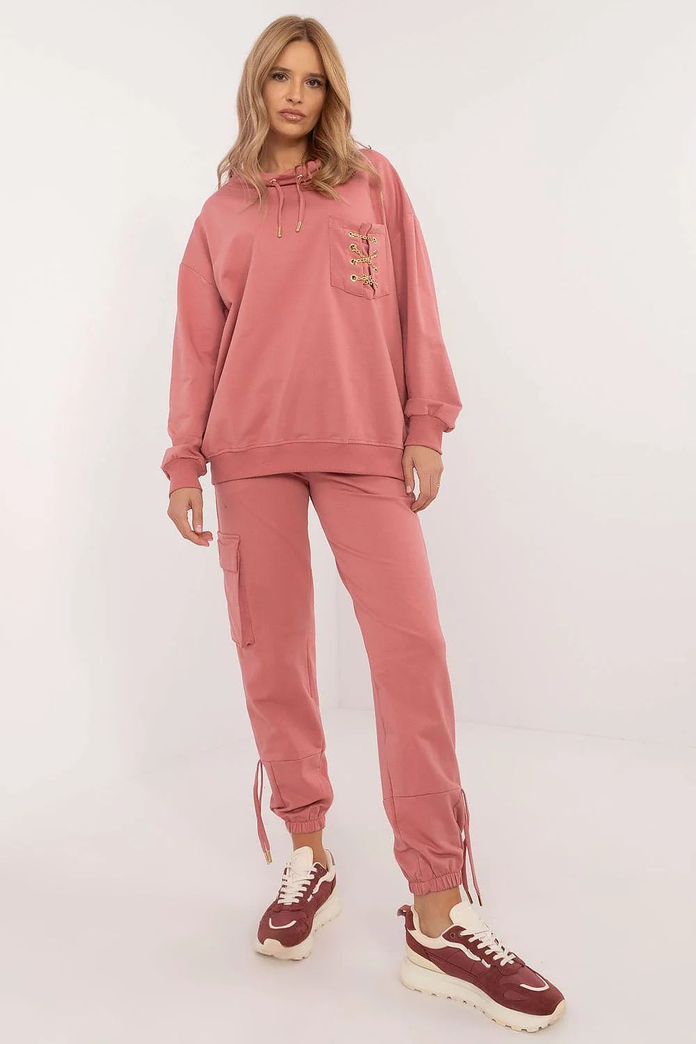 Ensemble mode femme sweatshirt capuche pantalon jogging rose coton élasthanne confortable occasion décontractée