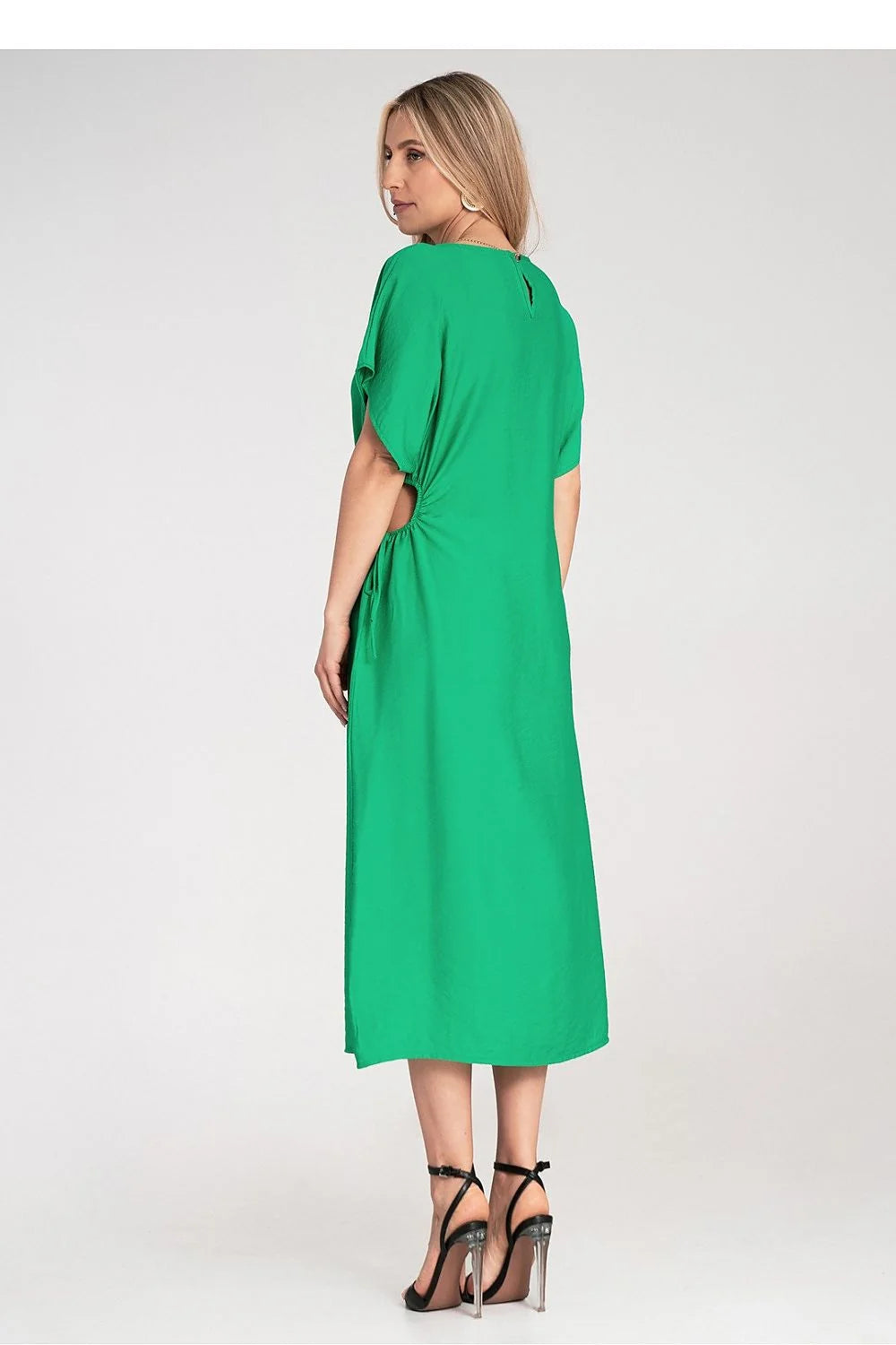 Robe midi femme style moderne couleur verte vif viscose 100% coupe droite manches courtes évasées ajustement taille détails décoratifs
