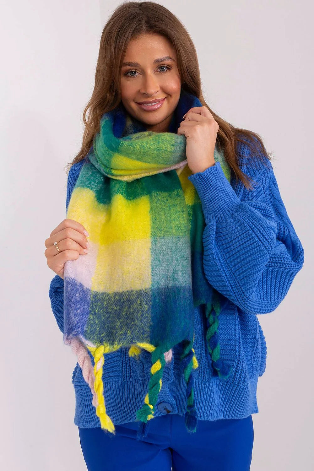 Écharpe longue colorée à carreaux en laine et polyester, style moderne, pompons, franges, idée cadeau femme, automne hiver