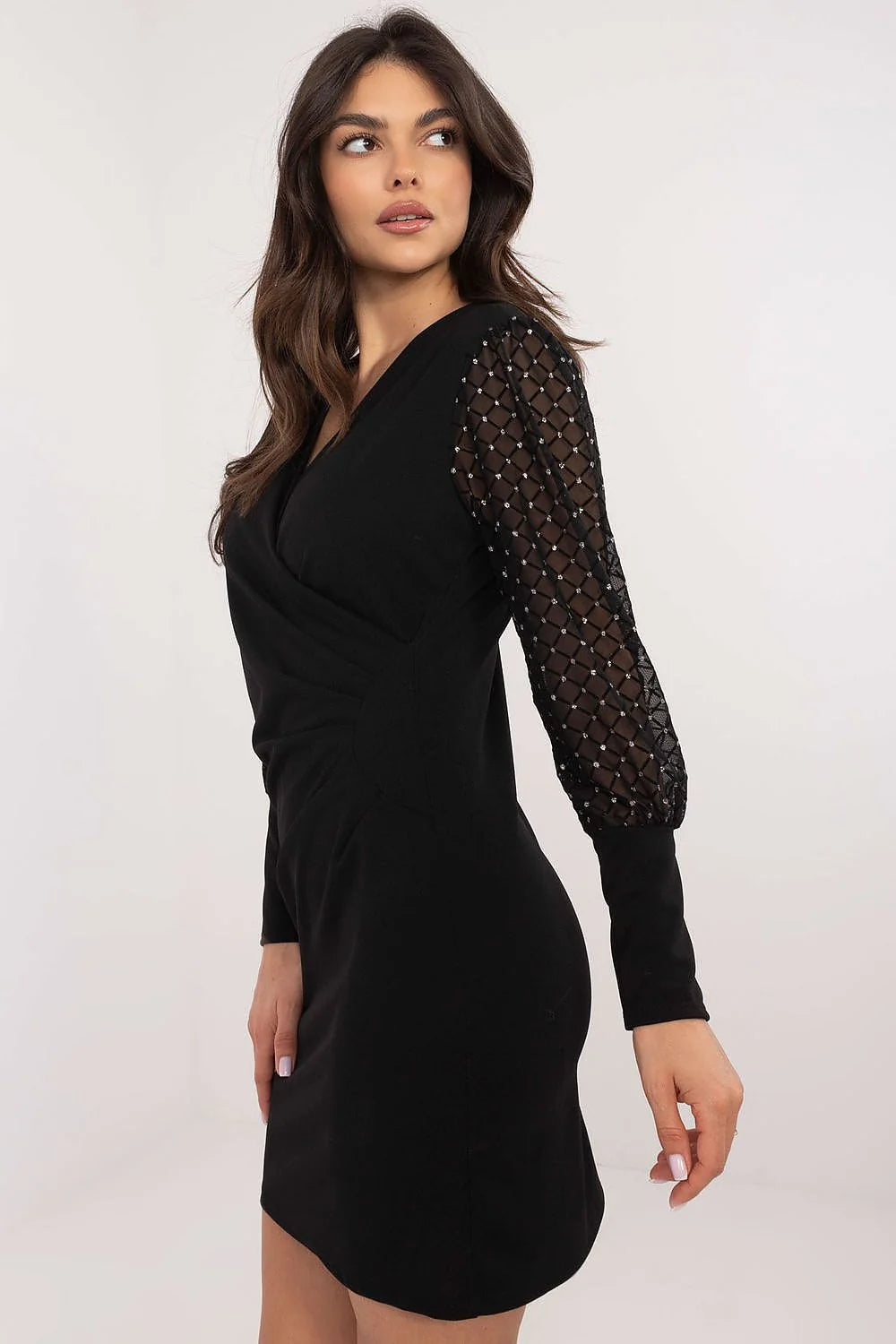 robe soirée élégante ajustée moulante courte mini col V croisé manches crochet tulle résille strass jersey maille stretch drapé silhouette