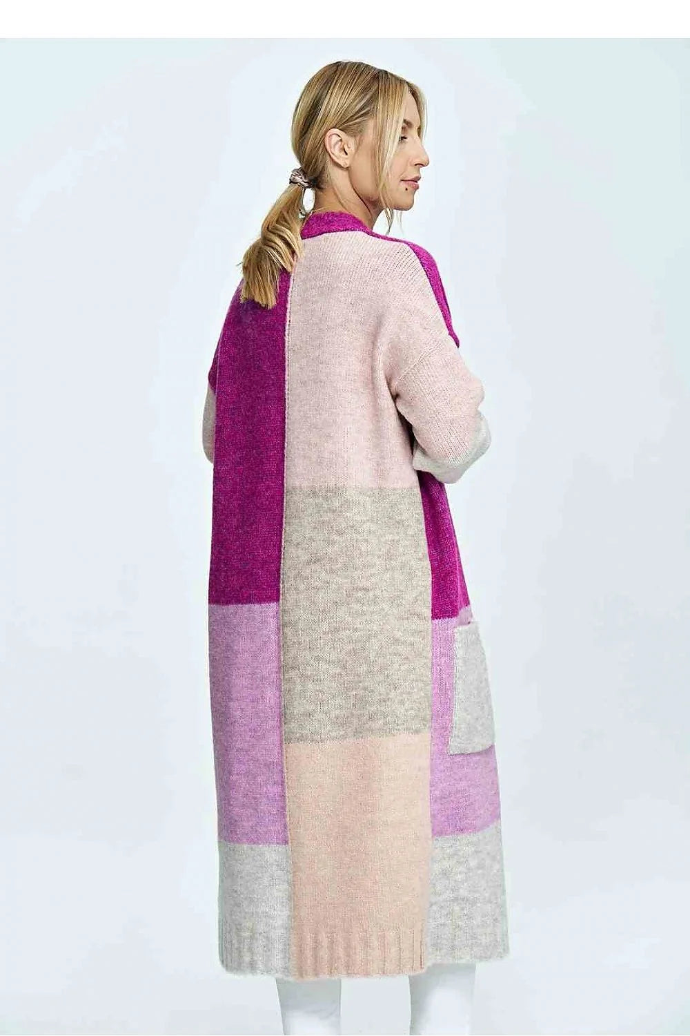 Cardigan long multicolore patchwork soft touch épais manches longues col V 2 poches patch uni femmes