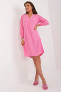 Robe élégante femme été manches longues V-neck boutons coupe A coloris rose vif comfortable occasion quotidienne travail soirée