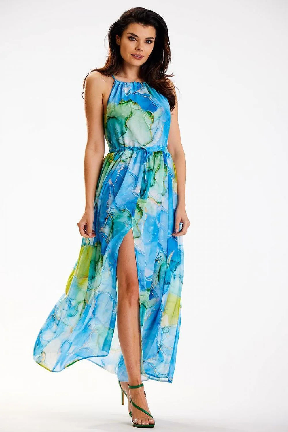 Robe longue en mousseline de soie ajustable fente dos nu épaules nues polyester 100% femme Pologne