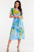 Robe de jour awama en mousseline imprimé marbré bleu vert jaune manches courtes encolure ronde taille ajustable femme été