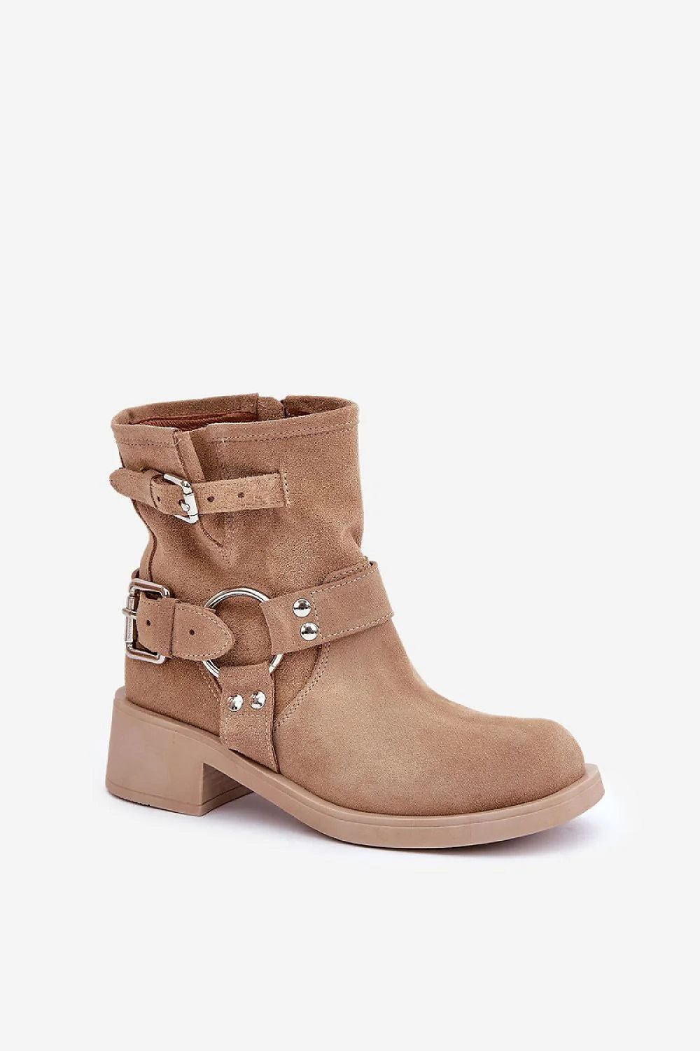 Bottines en cuir suédé beige sable design moderne chic style casual biker femmes occasion quotidienne confortable fermeture éclair