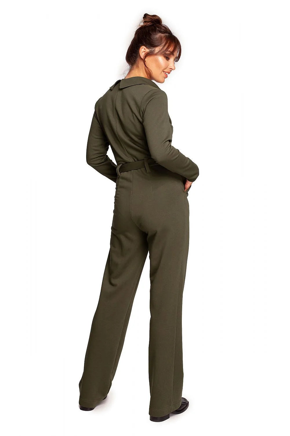 Combinaison Be Wear pour femme, violet intense, combi-pantalon ajusté, col classique, manches longues, ceinture intégrée, poches latérales, tissu doux, 90% coton, 10% polyester