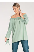 Chemisier épaules dénudées manches longues détail noué style élégant couleur vert pastel matière respirante coupe ample femme