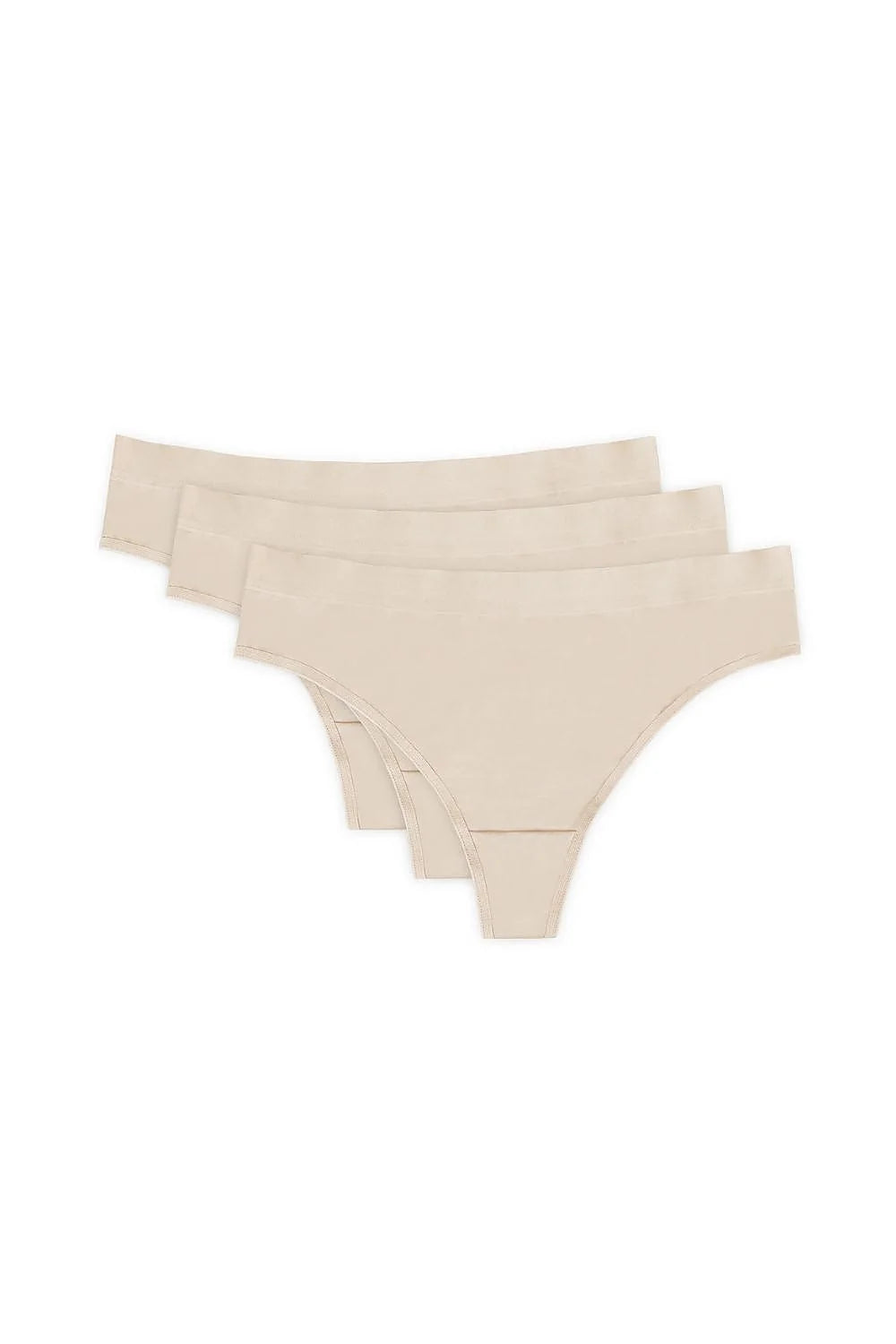 lot trois strings femme coton extensible taille basse beige nude minimaliste confortable ceinture plate finition sans coutures invisible