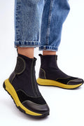 Bottines modernes pour femmes urbaines style sportif cuir tissu logo logo circulaire fermeture éclair noir jaune