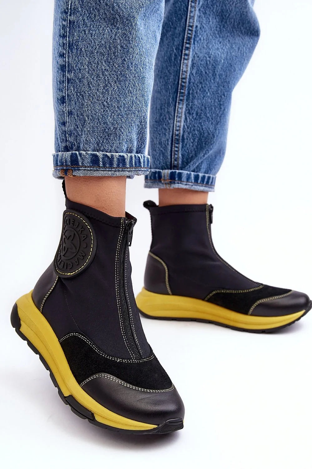 Bottines modernes pour femmes urbaines style sportif cuir tissu logo logo circulaire fermeture éclair noir jaune
